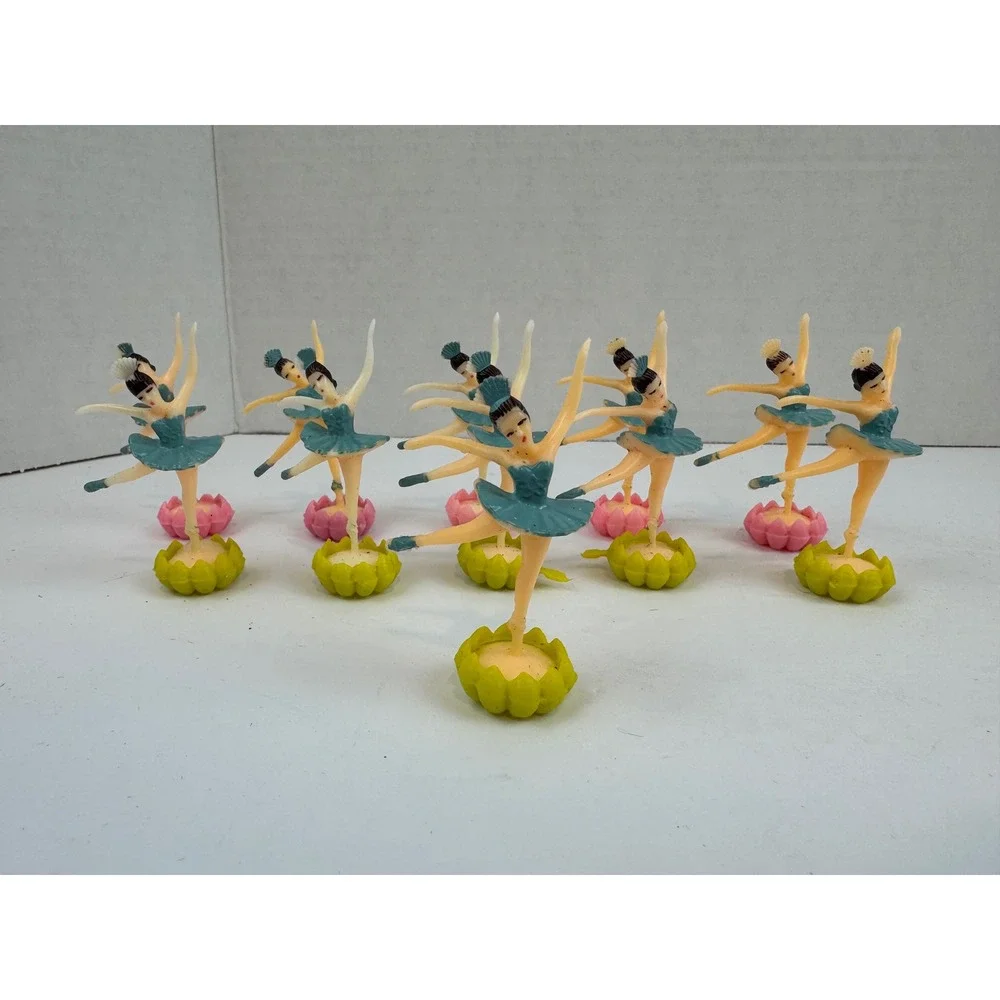 Vintage Plastic Ballerina Cake Toppers Teal Tutu Flower Base Set of 11 Dancers